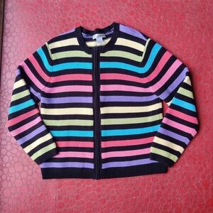 Drapers & Damons Striped Cotton Knit Sweater L Pastels Spring Full Zip Cardigan